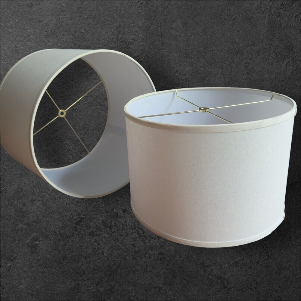 Lamp Shades Set of 2 Drum White Fabric Table or Floor Lamps 15 X 10 Pre Owned
